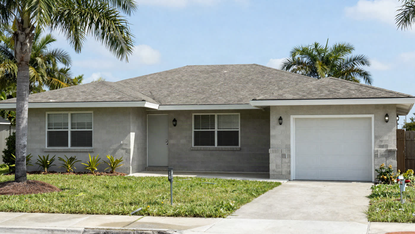 Bright, well-maintained Florida single-family home with palm trees, the kind of property that trades hands at a county foreclosure auction