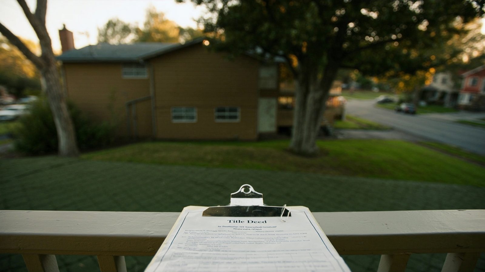 Title company professional reviewing property ownership documents and title search