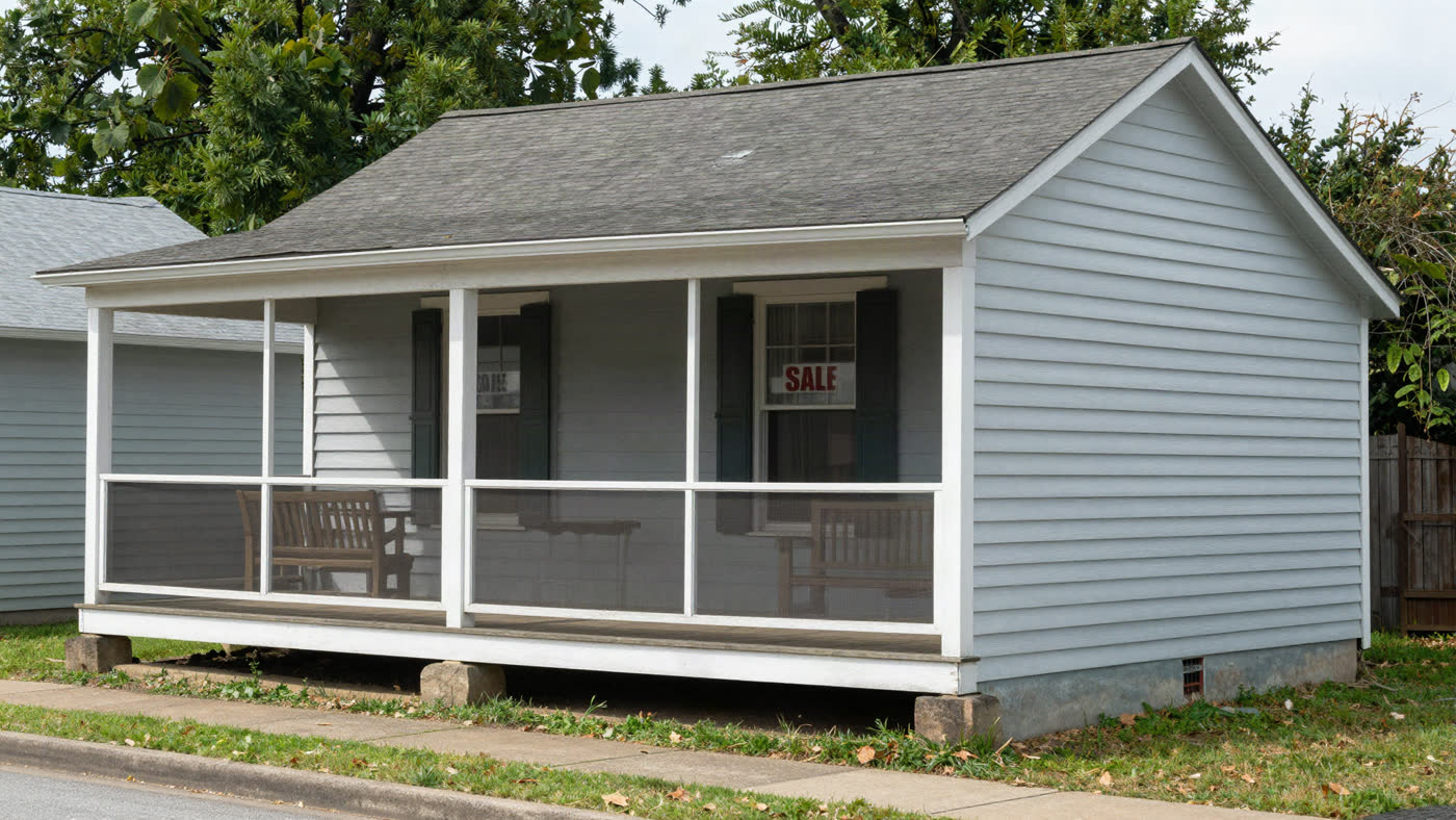 Bright single-family house with a for-sale-style front porch, representative of a residential property changing hands off-market in an attorney-closing state