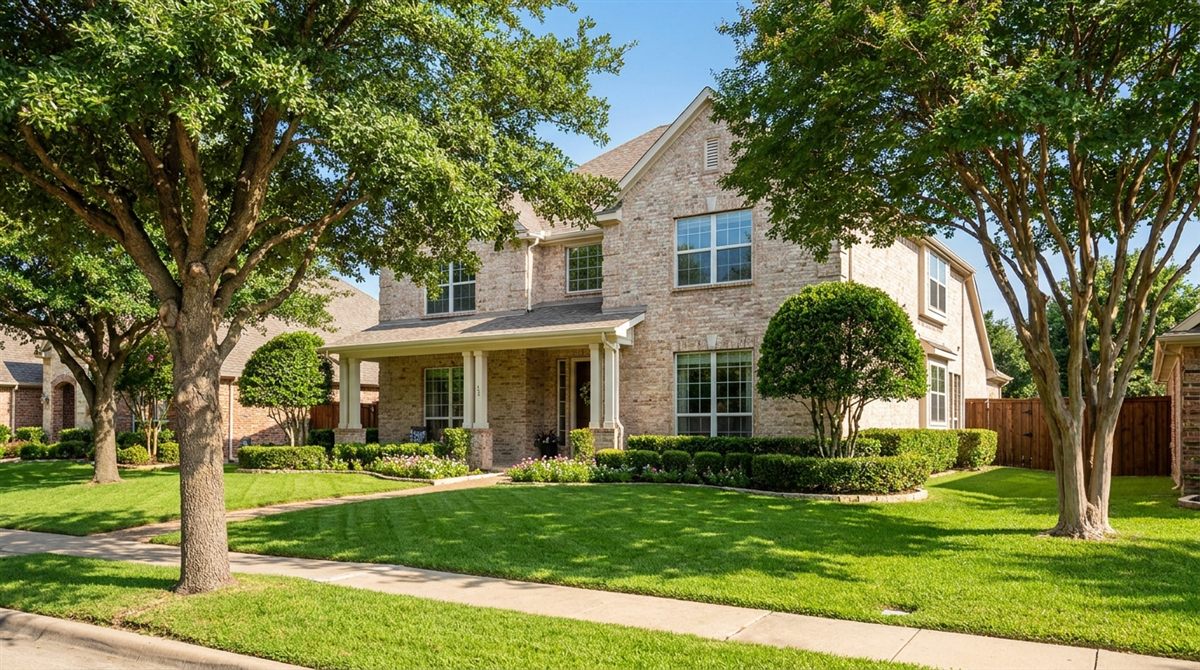 Bright, well-kept single-family brick home with a green lawn under a clear blue Dallas sky, representing the type of property cash buyers compete for instead of a wholesale assignment