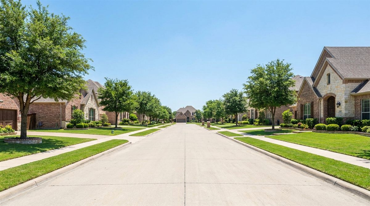 Clean, attractive Dallas residential street lined with well-kept single-family homes and green lawns under a clear blue sky, the kind of neighborhood where competing cash buyers bid on the same property