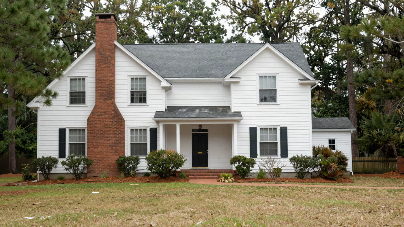 Brick single-family home on a quiet North Carolina residential street, the kind of property that moves through a power-of-sale foreclosure auction