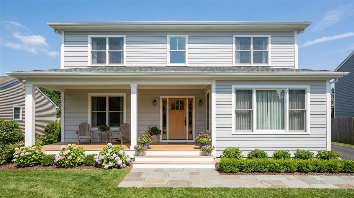 Attractive renovated home with new siding, a tidy front porch, and bright landscaping under a blue sky, showing the kind of finished property an investor produces after buying a problem house as-is