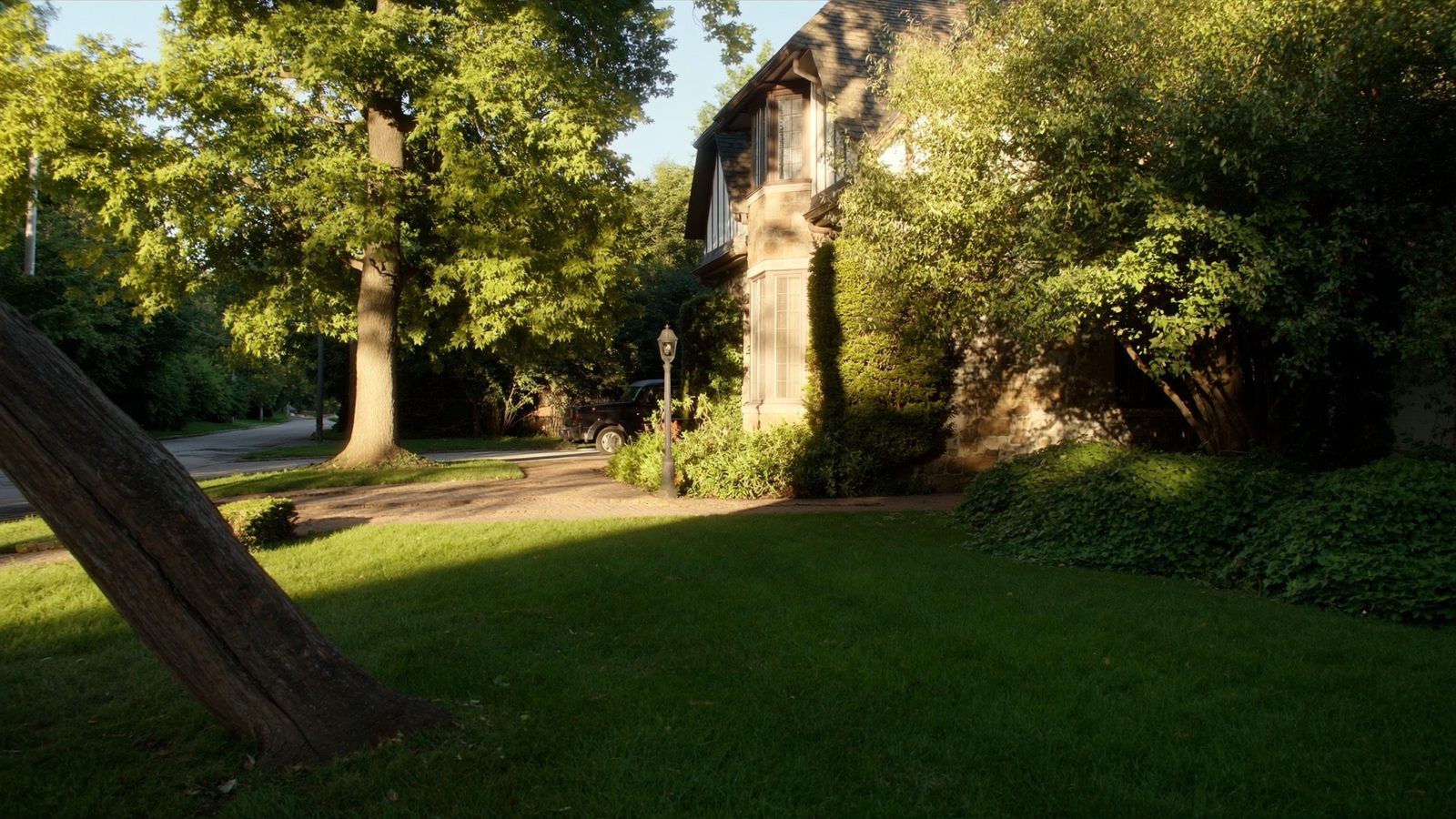Tree-lined Shaker Heights street with classic colonial homes and brick walkways