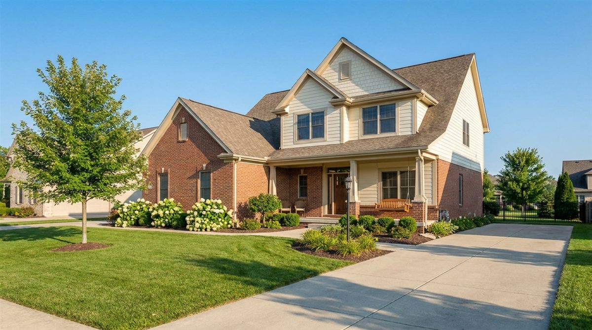 Bright, well-kept two-story suburban home with a manicured green lawn, wide driveway, and clear blue sky, the kind of suburban property local cash home buyers compete to purchase