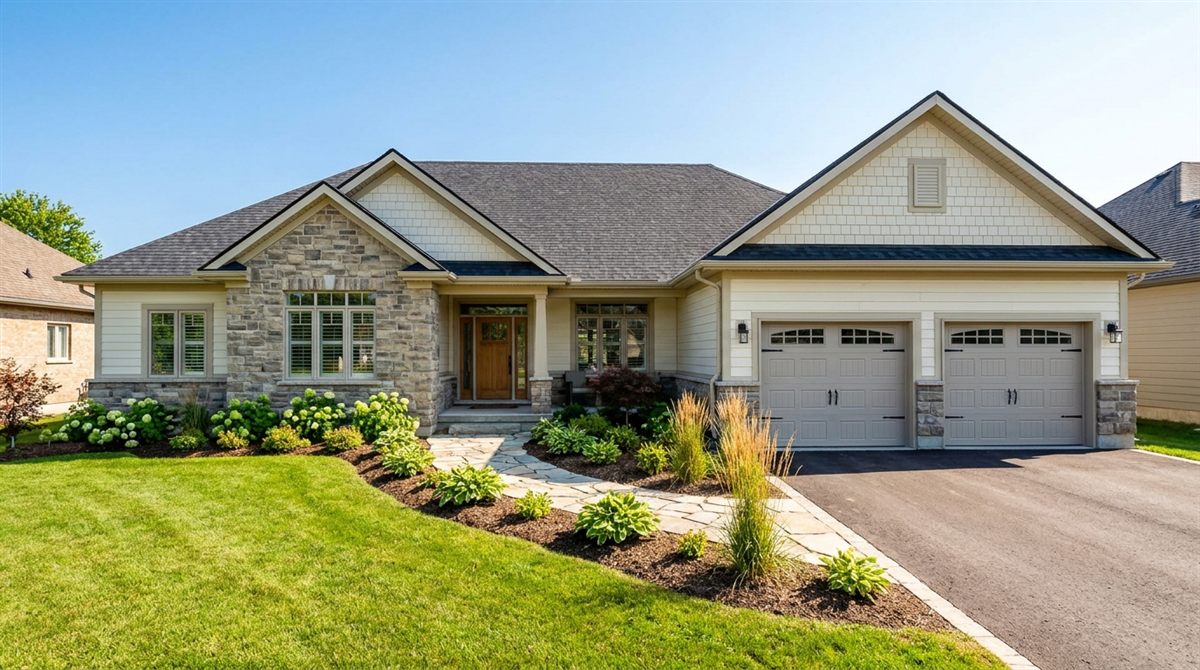 Attractive single-story suburban home with fresh landscaping, a two-car garage, and bright curb appeal under a blue sky, representing the kind of move-in-ready suburban property cash buyers value