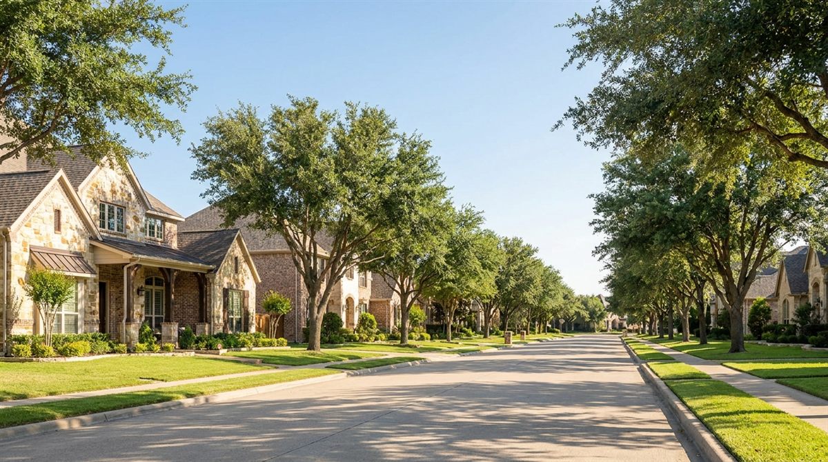 Attractive Texas residential street lined with well-maintained single-family homes and green lawns under a clear blue sky, the kind of neighborhood where competing cash buyers bid on the same property